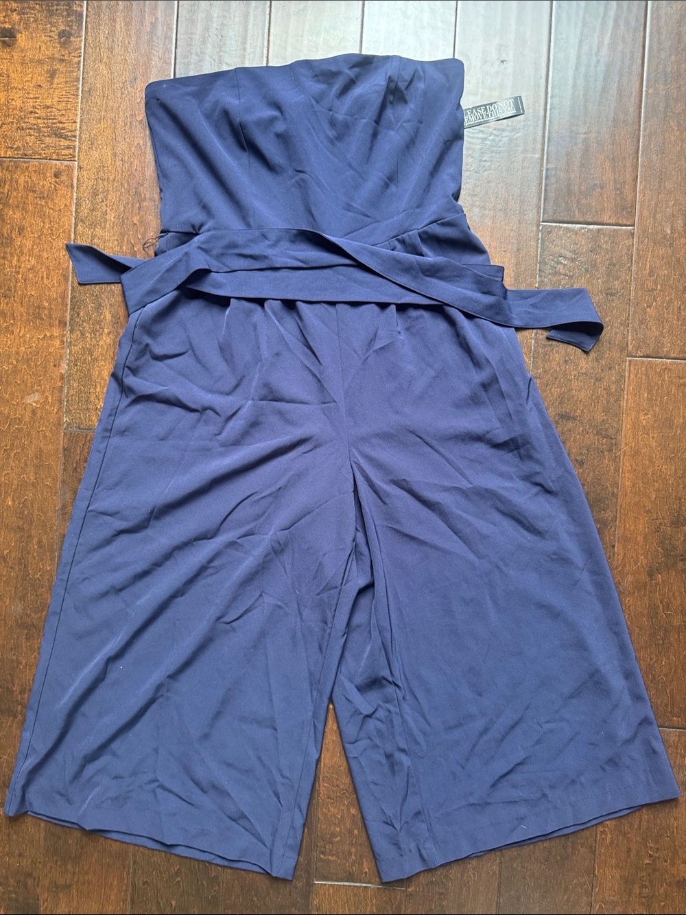 New York & Company Strapless Navy Wide-Leg Jumpsuit with Waist Tie
